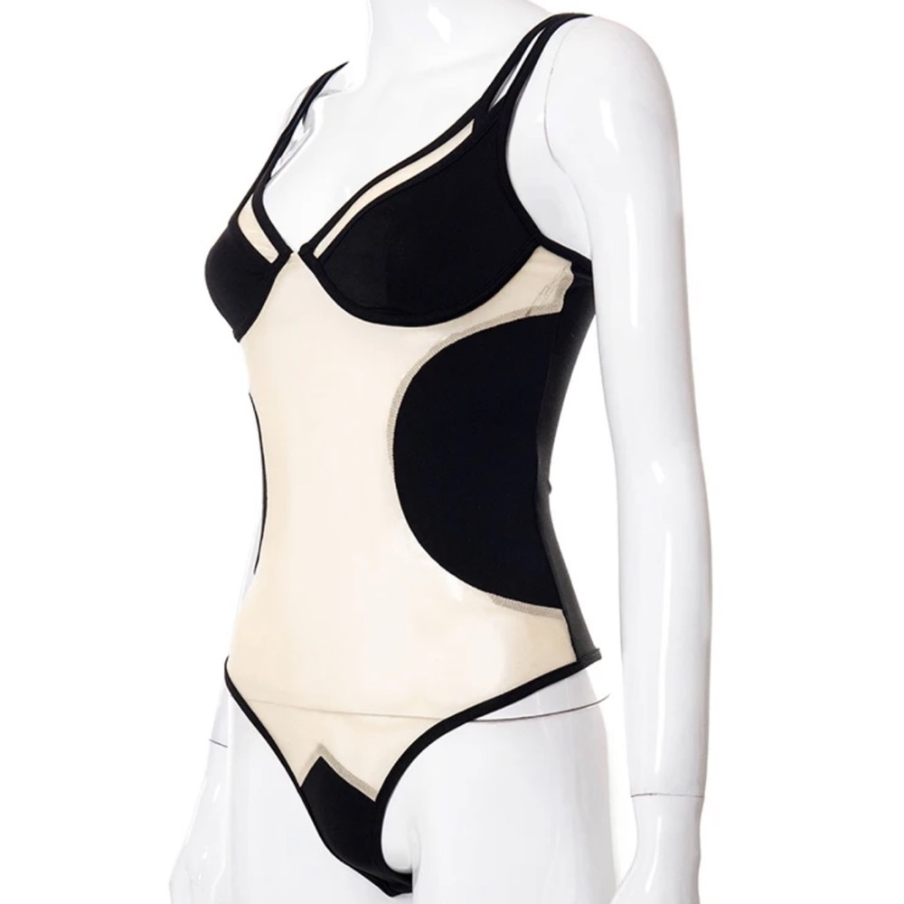 5⭐️CASA B| Delilah Sexy Sheer Mesh Nude & Black Cut- Out Patchwork Bodysuit - Picture 6 of 11